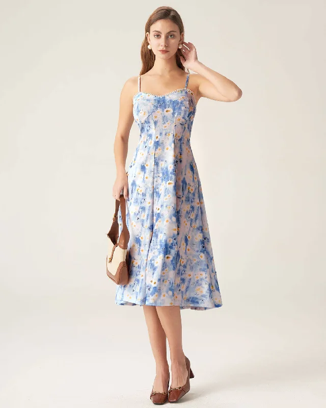 Limited Edition Blue Floral Sweetheart Neck Midi Dress