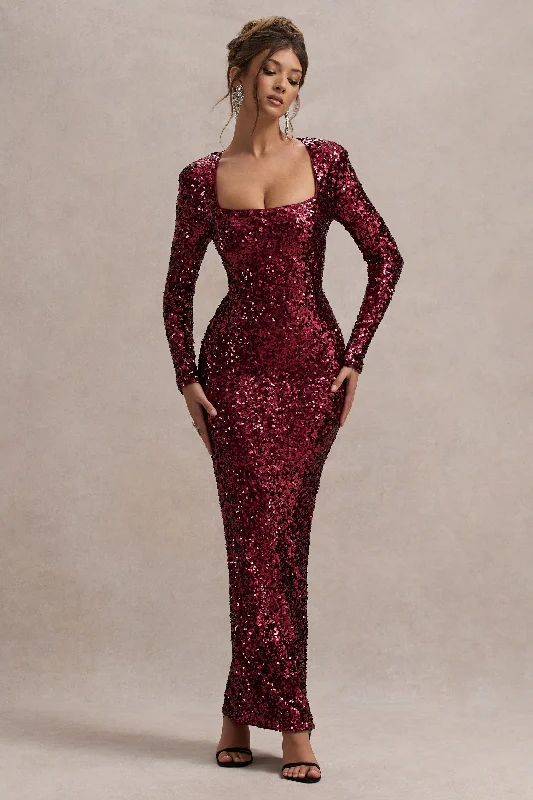 Fantastic Offers My Dream | Port Sequin Square-Neck Long-Sleeve Maxi Dress