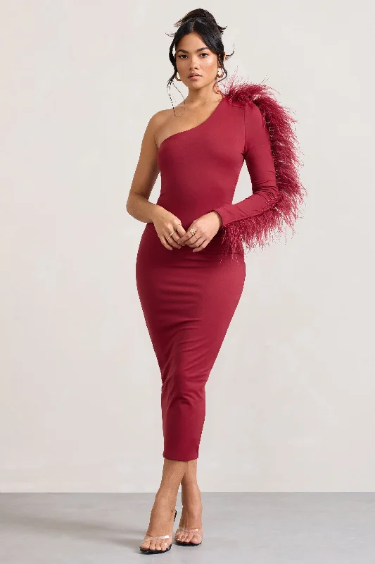 Weekend Deal Wild One | Burgundy One-Shoulder Bodycon Midi Dress With Feather-Trimmed Sleeve