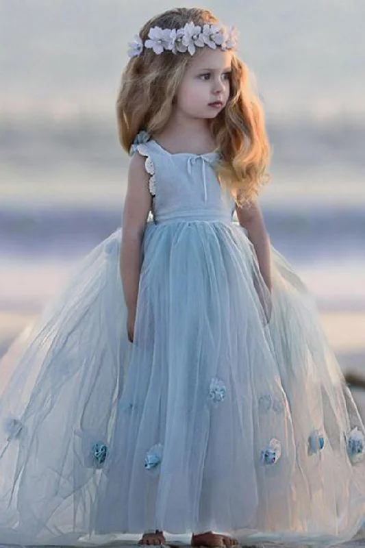 Major Savings Blue Round Neck Ball Gown Tulle Sleeveless Flower Girl Dresses