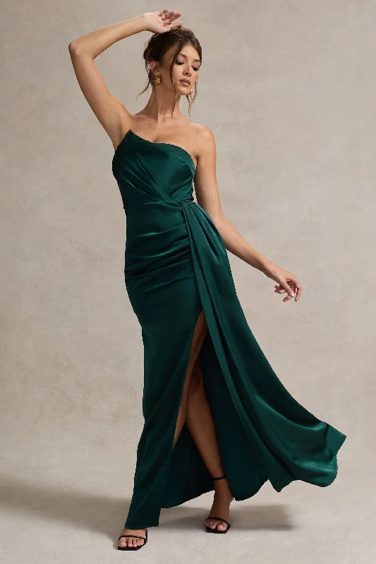 Quick Sale Hollywood | Bottle Green Satin Strapless Draped Maxi Dress