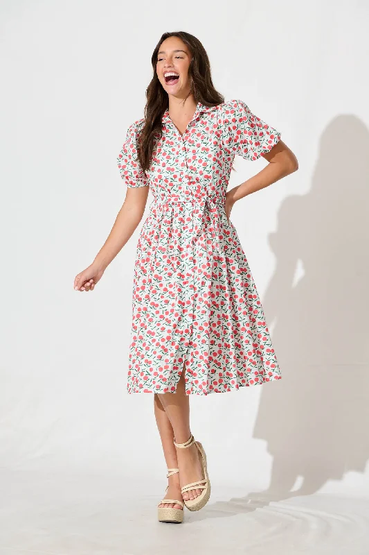 Unbeatable Prices Delamere Midi Shirt Dress in White with Red Print Cotton