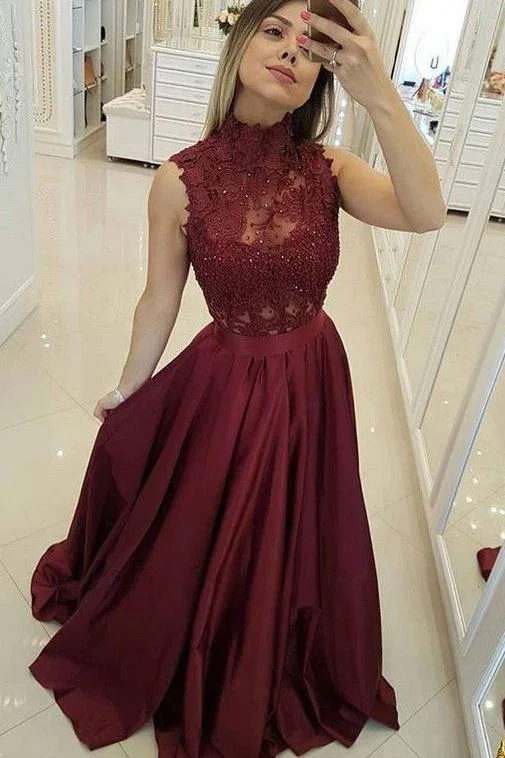 Factory Direct Sale Burgundy Satin A-line Sleeveless High Neck Long Prom Dresses