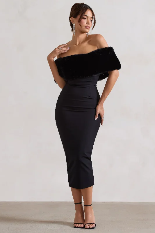 Must-Have Deals Zia | Black Bardot Midi Dress With Fur Trim