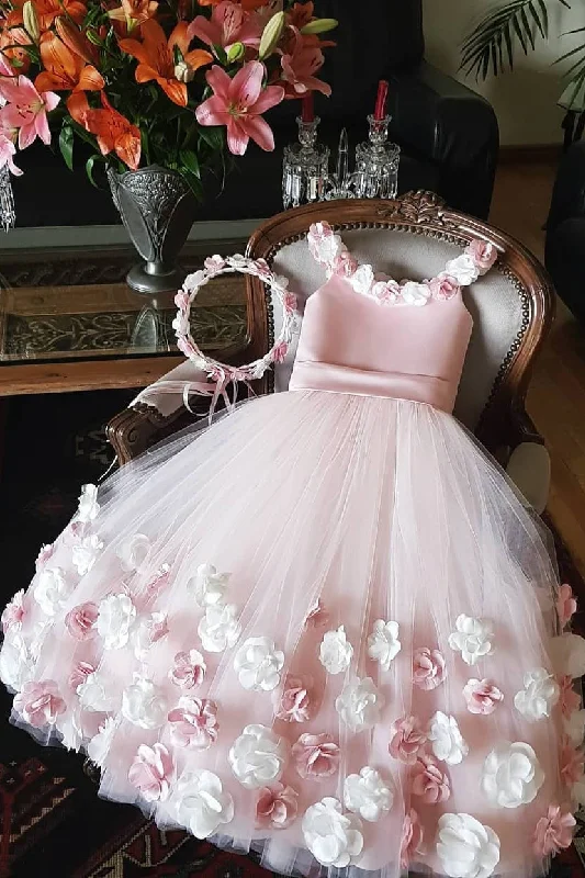 Factory Direct Sale Cute Tulle Pink Flower Girl Dresses With 3D Floral Appliques