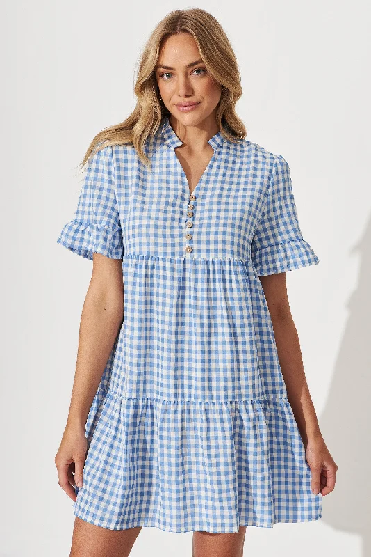 Super Bargain Danna Smock Dress In Blue And White Gingham Cotton Blend