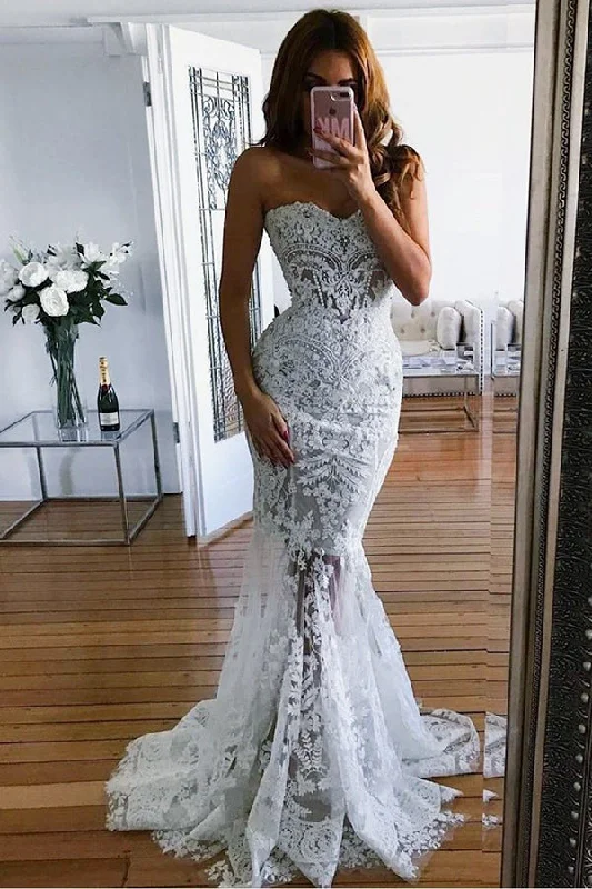Quick Sale Elegant Sweetheart Lace Mermaid Sleeveless Beach Wedding Dresses