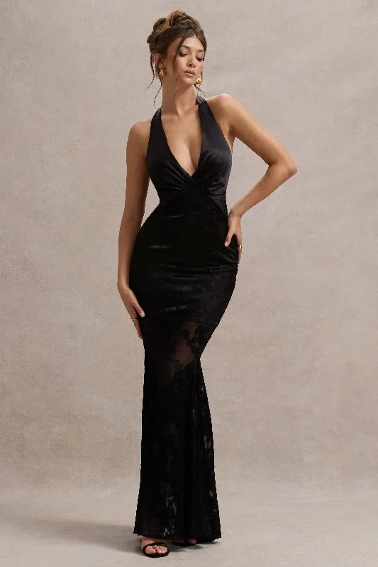 Super Sale Sunset Tales | Black Satin Devore Plunge-Neck  Maxi Dress