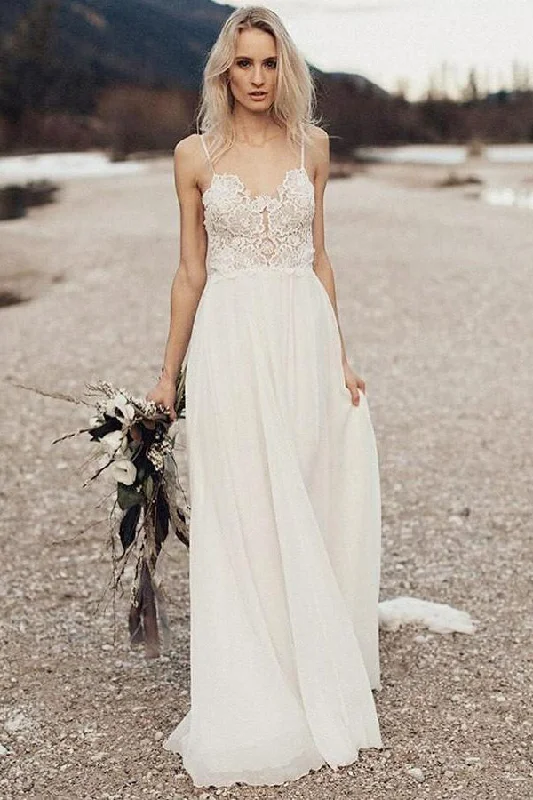 Online Specials Lace Spaghetti Strap Chiffon Backless Beach Wedding Dresses