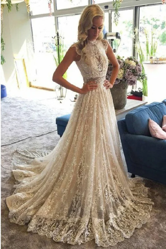 Deal Dash Stunning Appliques High Neck Lace Wedding Dresses with Sequins