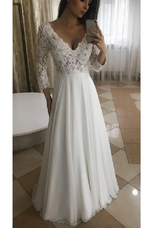 Price Buster Long Bridal Gown A Line V Neck Chiffon Top Lace Wedding Dresses