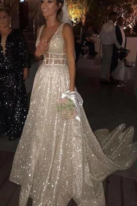 Final Markdown Sparkly Boho Beach Wedding Dresses A Line Sweep Train V Neck Bridal Gowns Final Markdown Sparkly Boho Beach Wedding Dresses A Line Sweep Train V Neck Bridal Gowns