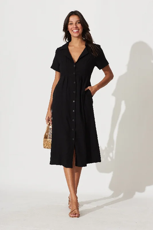 Overstock Abigail Midi Shirt Dress In Black Textured Cotton