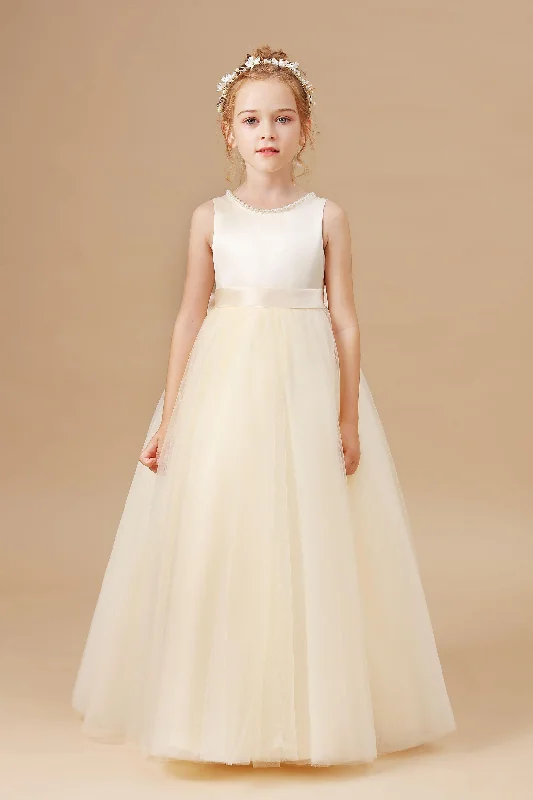 Deal Frenzy Champagne Sleeveless Tulle Satin Flower Girl Dresses With Bow