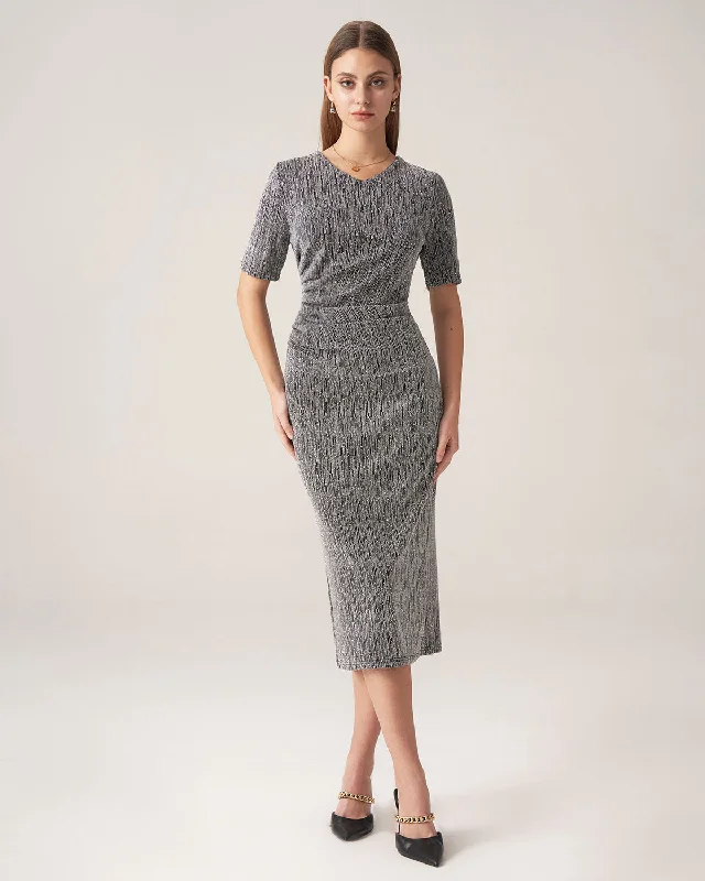 Low Prices Bettydress Silver V Neck Ruched Midi Dress