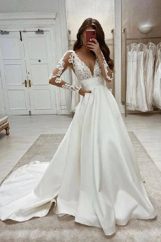 Exclusive Online Offer Formal Long Sleeves V-neck Lace Satin A-line Wedding Dresses Exclusive Online Offer Formal Long Sleeves V-neck Lace Satin A-line Wedding Dresses