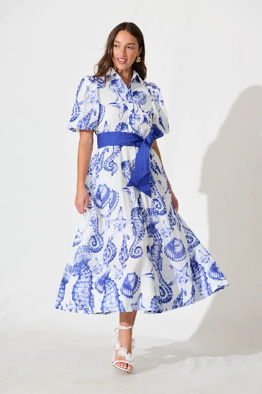 Online Specials Cacia Maxi Shirt Dress In White With Blue Print Linen Blend