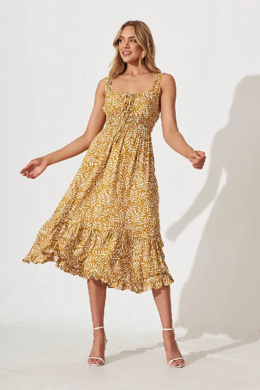 Savings Spectacular Beautiful Midi Dress In Mustard With White Leaf Print