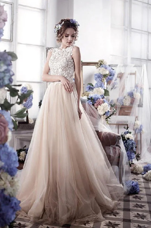 Super Deal Charming Top Lace Sleeveless Tulle Long Wedding Dresses