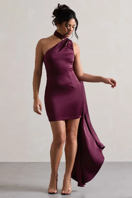 Weekend Deal Natalie | Plum Satin One Shoulder Mini Dress With Scarf Detail