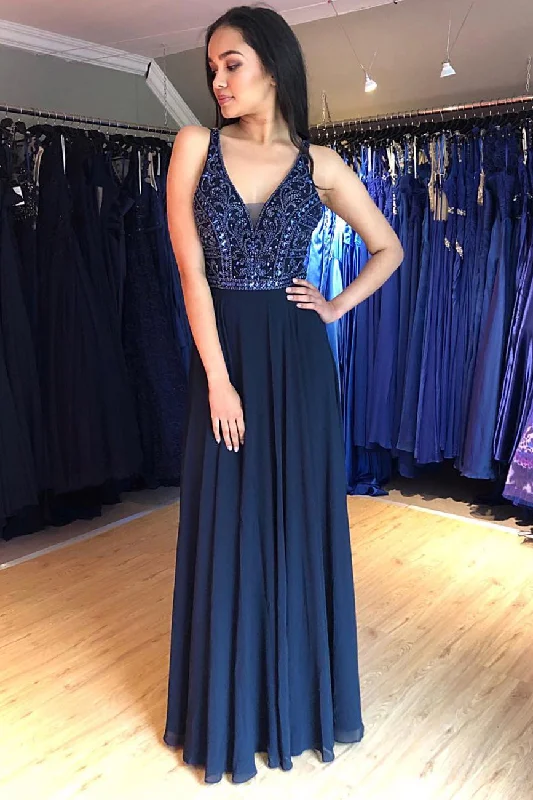 Early Access Navy Blue Prom Dresses V Neck Sleeveless Evening Dresses with Beading