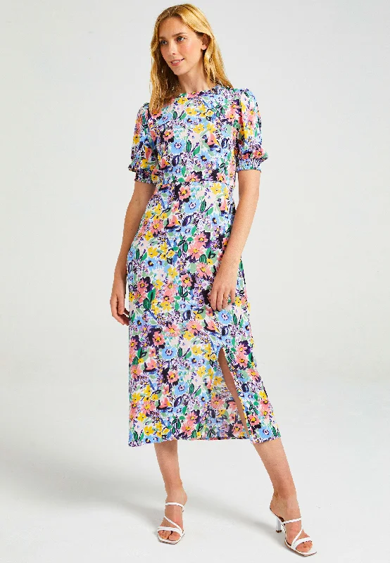 Online Only Short Sleeve Midi Dress With Leg Slit In Multi Floral Print