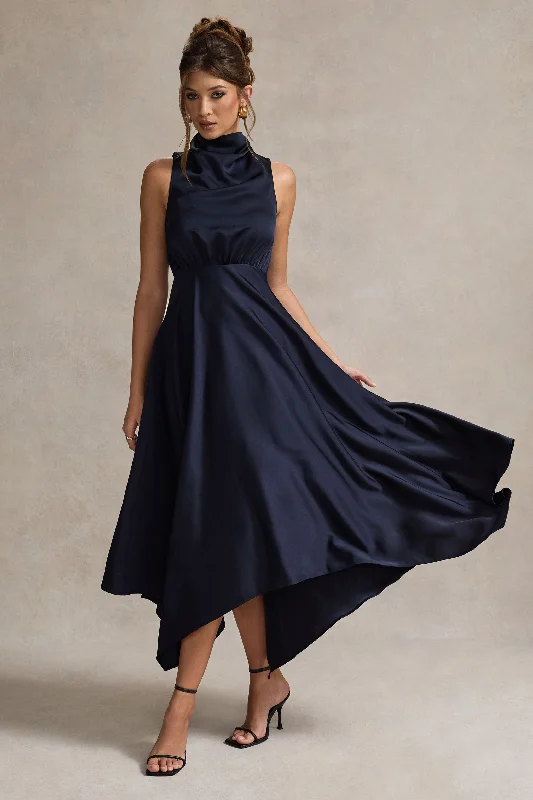Early Bird Discount Kerri | Navy Satin Cowl-Neck Maxi Dress