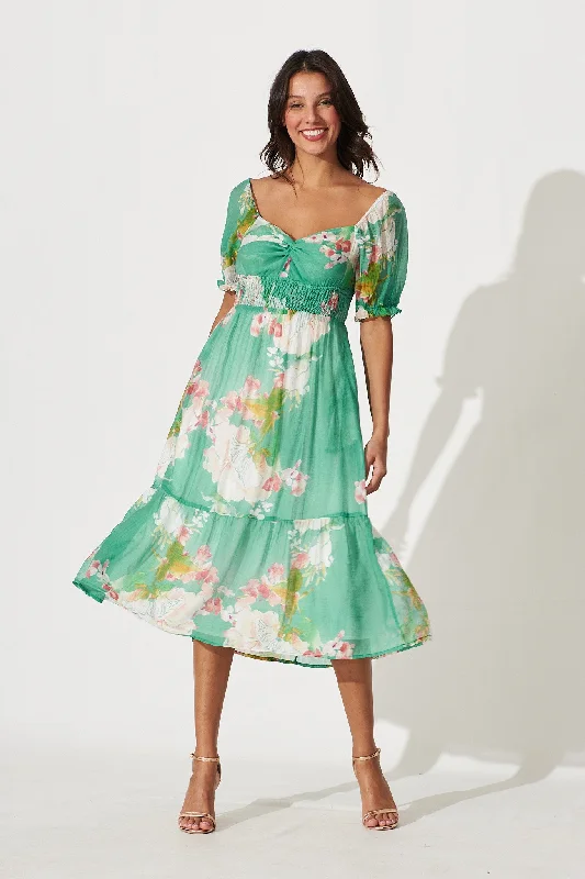 Unbeatable Prices Mandy Midi Dress In Green With Pink Floral Cotton Blend