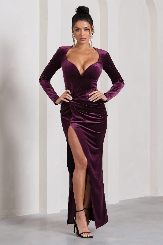 Price Slash Vin Chaud | Dark Purple Velvet Long-Sleeved Split Maxi Dress