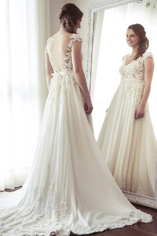 Buy Now Delicate V Neck Cap Sleeves Sweep Train Backless Wedding Dresses