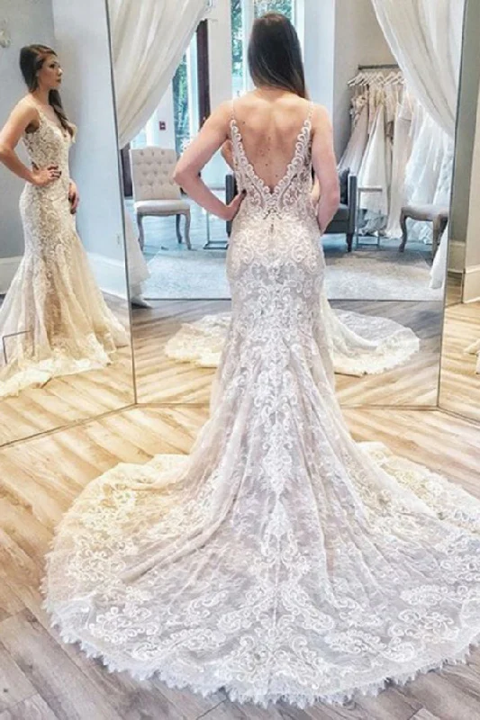Clearance Items Charming Spaghetti Straps V Back Lace Sheath Wedding Dresses