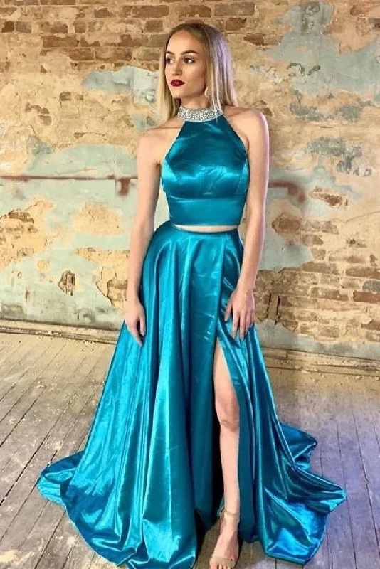 Take Advantage Simple Halter Two Pieces Beading Backless Long A-line Front Split Prom Dresses Take Advantage Simple Halter Two Pieces Beading Backless Long A-line Front Split Prom Dresses