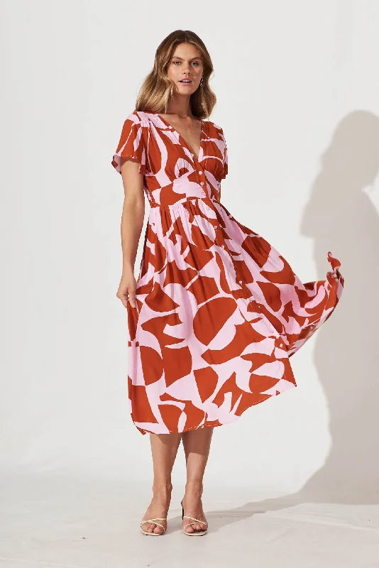 Huge Discounts Anthea Midi Dress In Rust And Pink Geometric Print