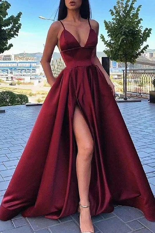 Buy Now Simple A Line V-Neck Burgundy Split Prom Dresses