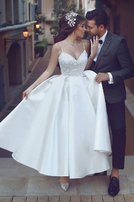 Take Advantage Gorgeous V Neck Sleeveless Satin Tea Length Prom Dresses