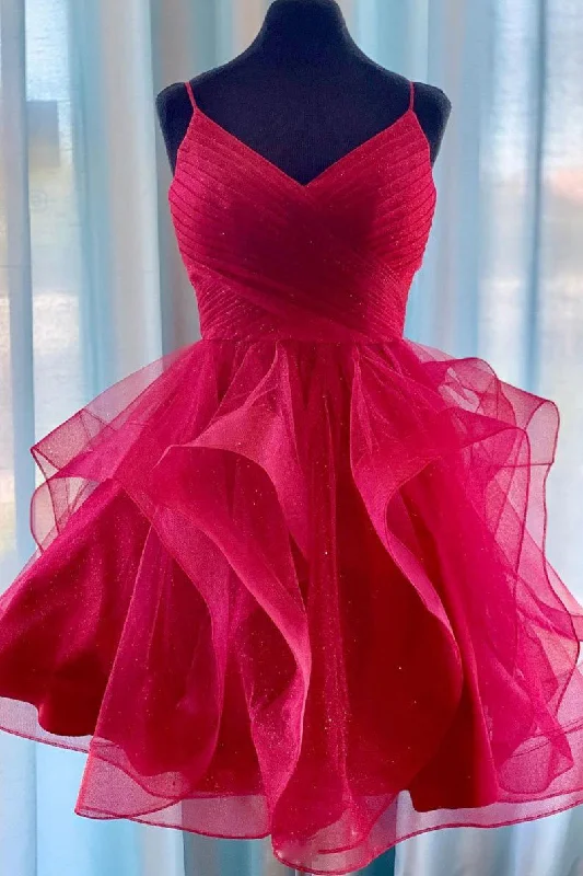 Act Fast Chic Spaghetti-straps V-neck Short Homecoming Dresses With Ruffles