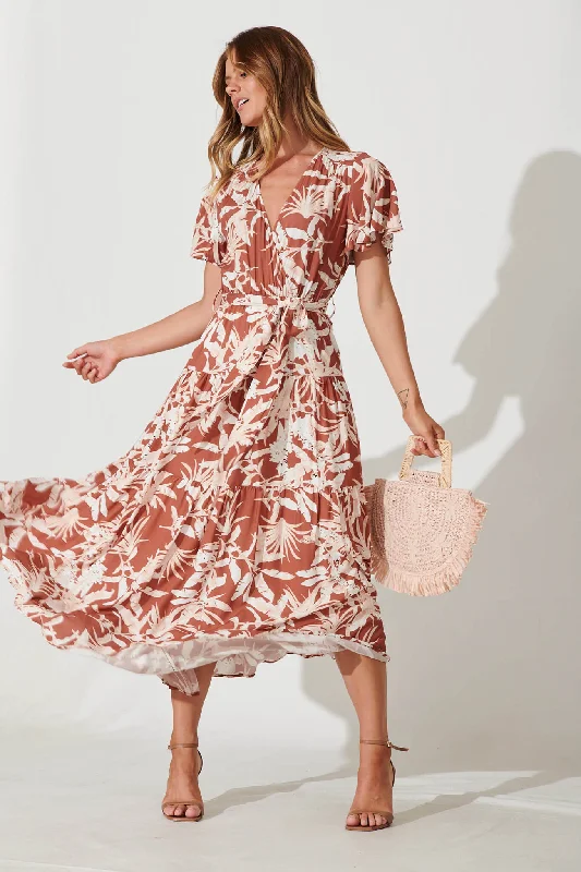 While Supplies Last Heidi Maxi Dress In Rust Leaf Print