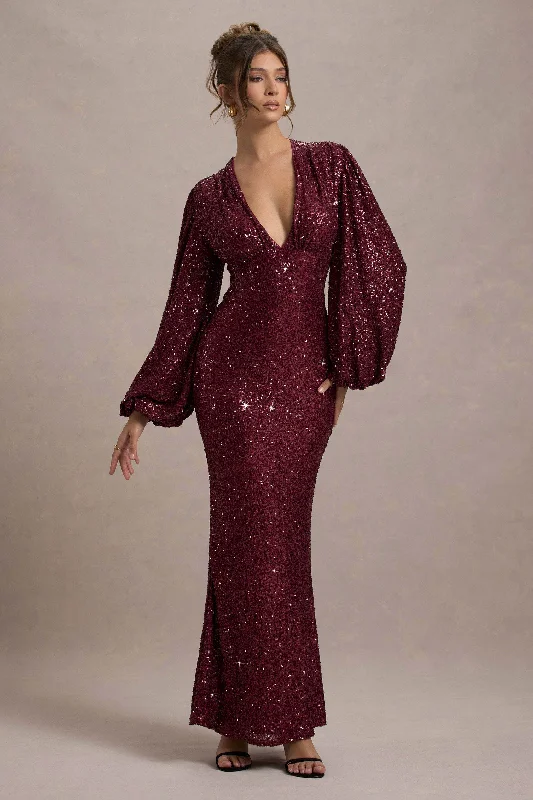 Act Now Kaelin | Berry Sequin Plunge-Neck Maxi Dress