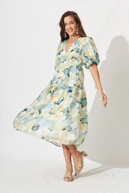 Great Deals Amalie Midi Dress In Green And Blue Watercolour Print