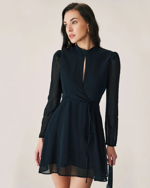 Special Savings Black Chiffon Wrap Mini Dress