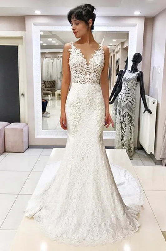 Price Drop Charming Sweep Train Sleeveless Mermaid Lace Wedding Dresses
