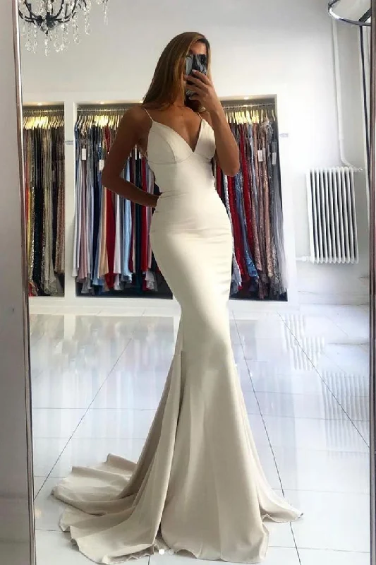 Reduced Prices Simple Ivory V Neck Satin Mermaid Long Prom Dresses