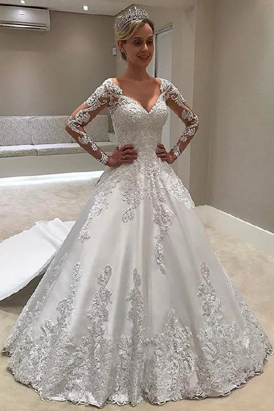 Buy More, Save More Elegant Long Sleeves Plus Size Ball Gown Lace Appliques Satin Wedding Dresses For Women Buy More, Save More Elegant Long Sleeves Plus Size Ball Gown Lace Appliques Satin Wedding Dresses For Women