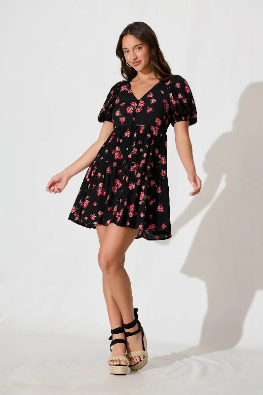 Limited Availability Anvi Dress in Black with Red Floral