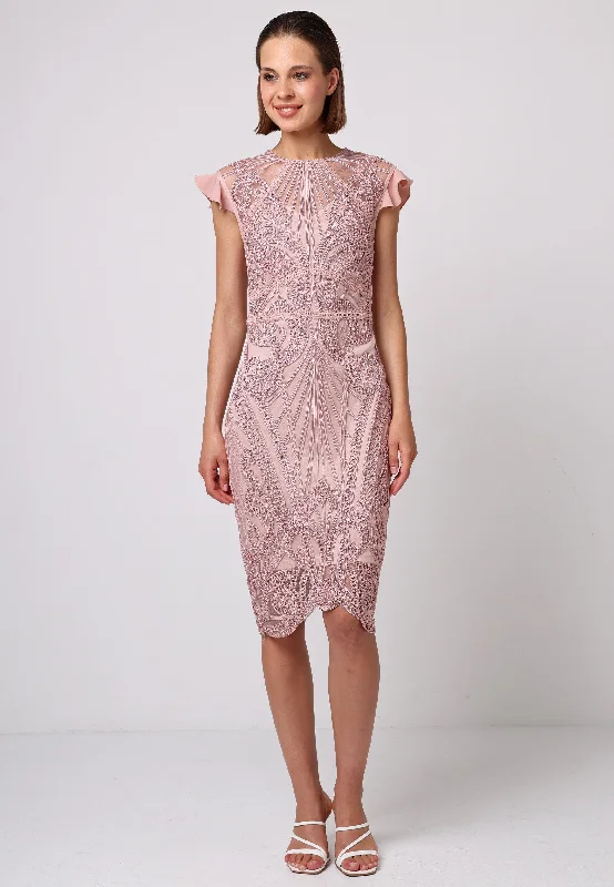 Stock Clearance Bodycon Lace Midi Dress In Rose Pink
