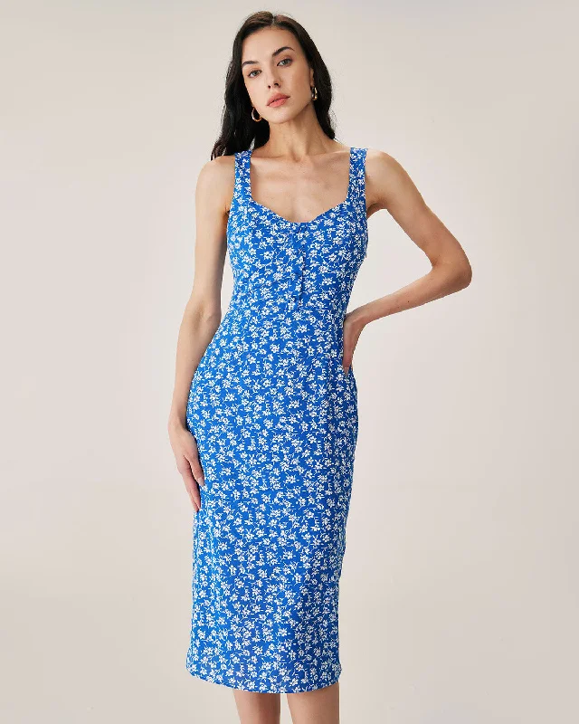 Year-End Clearance Blue Floral Slit Slip Midi Dress