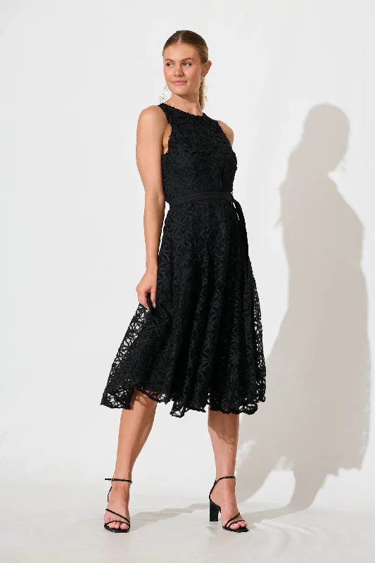 New Arrival Osment Midi Dress In Black Floral Embroidered Tulle