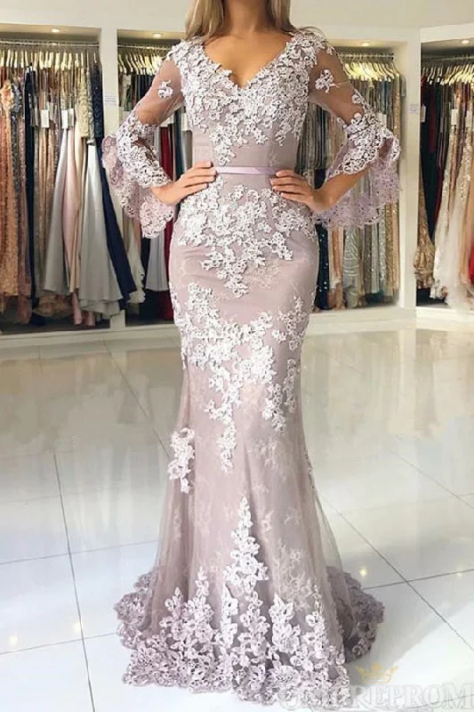 Amazing Deals V Neck Long Sleeves Lace Mermaid Prom Dresses with Appliques