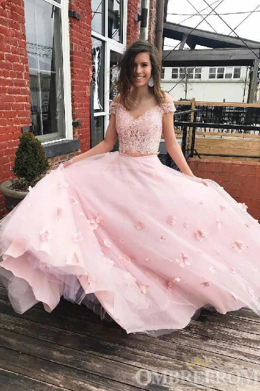 Value Deals Two Piece Prom Dresses Off Shoulder Lace Long Party Gowns