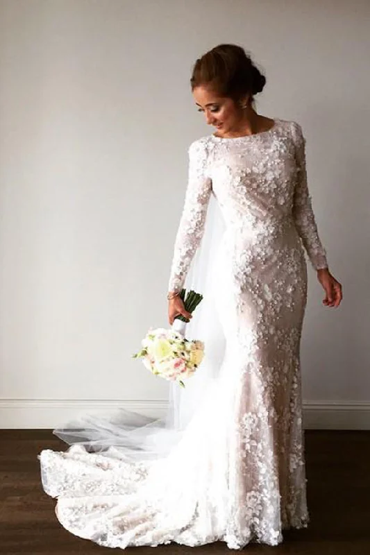 Early Access Delicate Mermaid Lace Appliques Long Sleeves Wedding Dresses